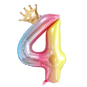 2PCS 32inch rainbow number balloons with gold crown