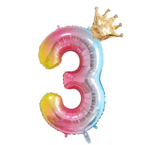 2PCS 32inch rainbow number balloons with gold crown