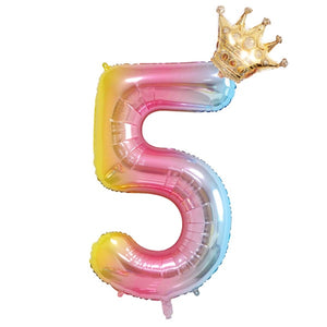 2PCS 32inch rainbow number balloons with gold crown