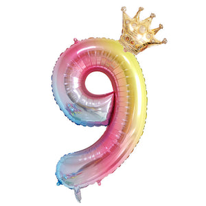 2PCS 32inch rainbow number balloons with gold crown