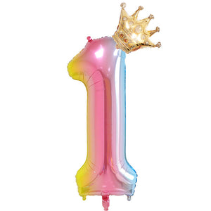 2PCS 32inch rainbow number balloons with gold crown