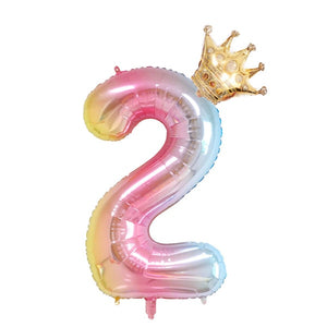 2PCS 32inch rainbow number balloons with gold crown