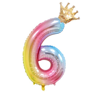 2PCS 32inch rainbow number balloons with gold crown