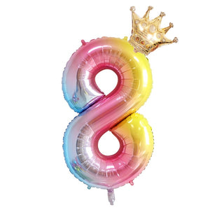 2PCS 32inch rainbow number balloons with gold crown